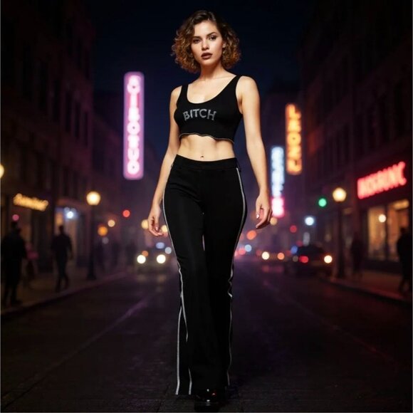 Black Icicle Gaze Flare Pants by Poster Grl – Silver Stripe Statement NWT XS - Picture 3 of 5